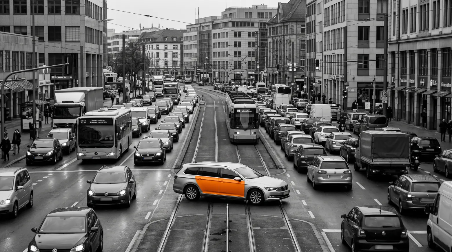 Dichter Stadtverkehr von oben, alle Fahrzeuge grau bis auf ein farbig foliertes.